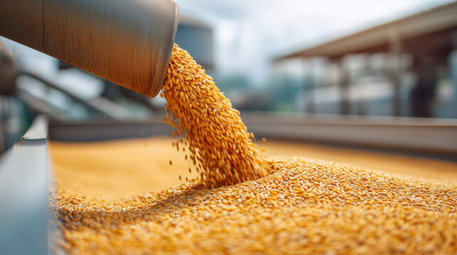 Golden wheat grain pouring from an industrial chute onto a conveyor system, illustrating agricultural processing, grain handling, automation, food production, logistics, and modern farming.