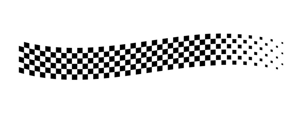 Winding checkered banner with faded effect. Wavy taxi or police car border. Rally flag texture. Motocross, karting or chess game print. Start or finish concept. Vector graphic illustration