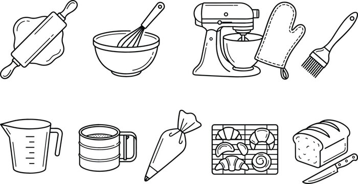 Baking Equipment and Kitchen Utensils Icon Set Featuring Rolling Pin Mixing Bowl Whisk Stand Mixer Oven Mitt Pastry Brush Measuring Cup Sifter Piping Bag Cooling Rack and Bread Vectors