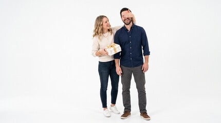 Fototapeta premium Woman surprises man with a gift, covering his eyes with a playful gesture