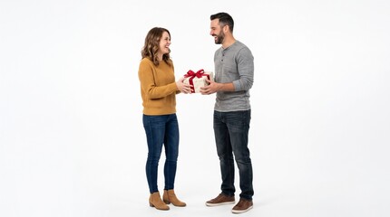 Fototapeta premium Woman happily gives a gift to a man on a white background