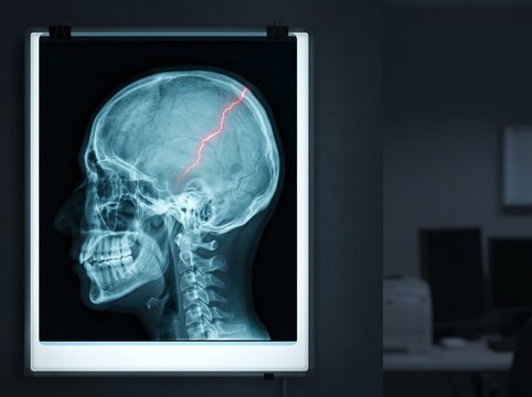 Medical X-ray of human skull showing brain scan with red line indicating anomaly.