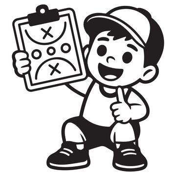 Boy coach holding clipboard with sports game plan tactic mascot vector illustration