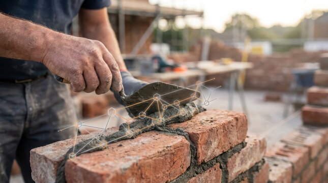Construction worker cutting bricks with angle grinder on a building site