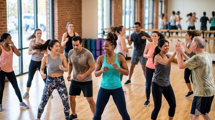 Obraz premium Diverse adults enjoying group fitness class