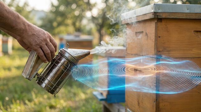 Beekeeper using a smoker near wooden beehives in a garden setting with sound waves effect