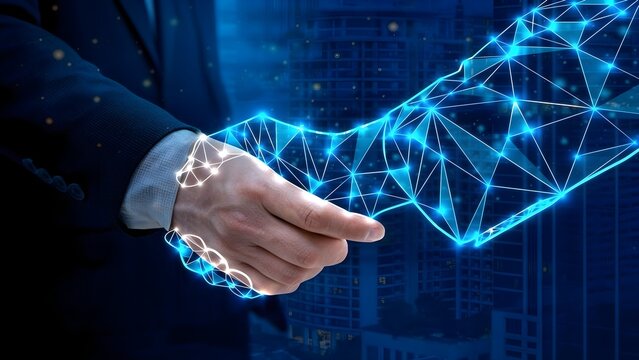 Professional business partners performing digital handshake representing corporate global network connection success