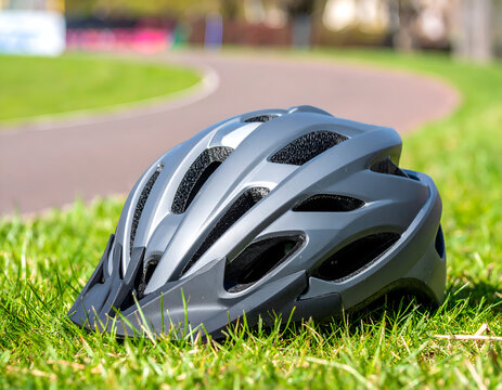 A grey matte bicycle helmet resting on green grass in the foreground with a blurred outdoor running track in the .