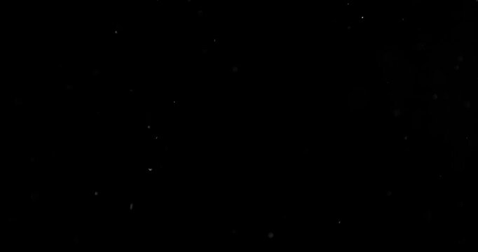 Super slow motion falling snow or dust particles isolated on a black background. Abstract atmospheric SFX overlay with floating debris, cinematic texture and dark visual effect.