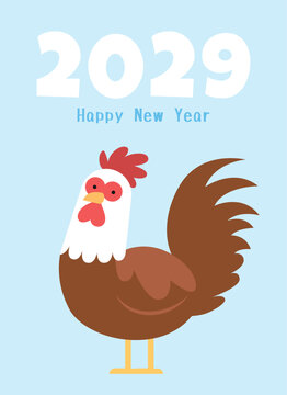 Funny rooster cartoon for Chinese New Year 2029 celebration. Year of the Rooster greetings card template vector illustration.