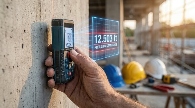 Construction worker using laser measure for precision building standards on site