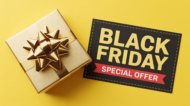 Black friday sale with gift box and promotional card on a vibrant yellow background