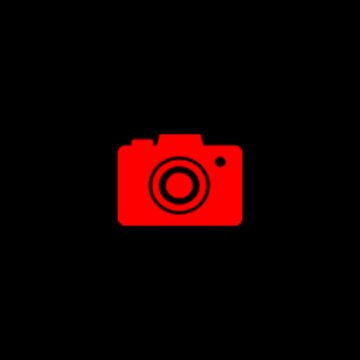 Bright red camera icon graphic featuring bold minimalist lines centered against a stark solid black background