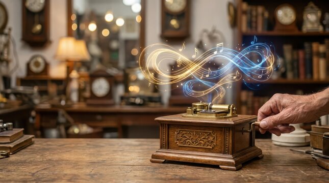 Vintage phonograph player with musical notes and antique clock collection in cozy room