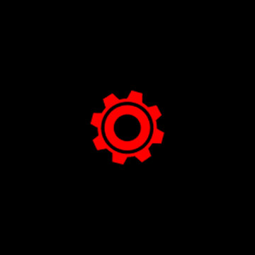 Vibrant red gear icon features sharp geometric edges creating a bold minimalist graphic design style illustration