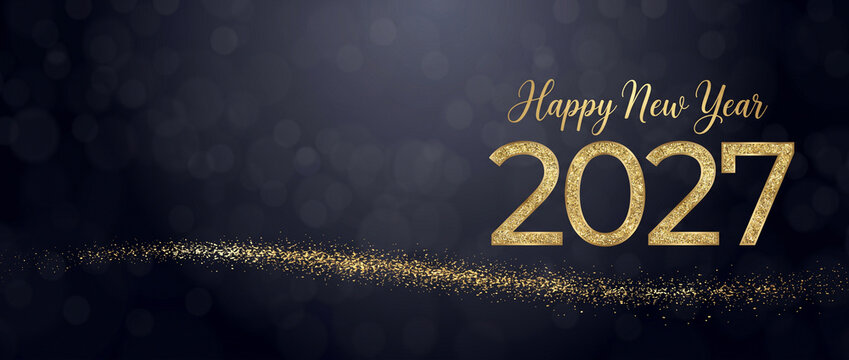 Happy New Year 2027 Golden Glitter Text on Dark Navy Bokeh Background with Sparkle Trail &mdash; Elegant Celebration Banner