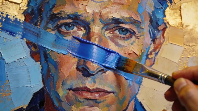 Right hand entering, artist brushing blue stripe across impasto portrait in studio, adding contrast