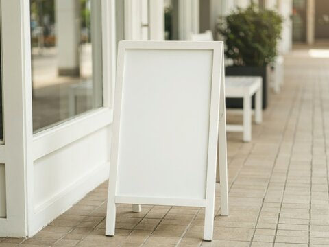 Blank white aframe sidewalk sign on a tiled outdoor storefront walkway