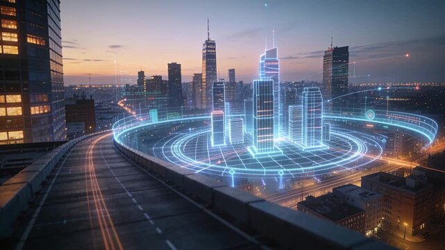 Activating circular grid projecting hologram city atop rooftop at dusk, showing ramp light trails