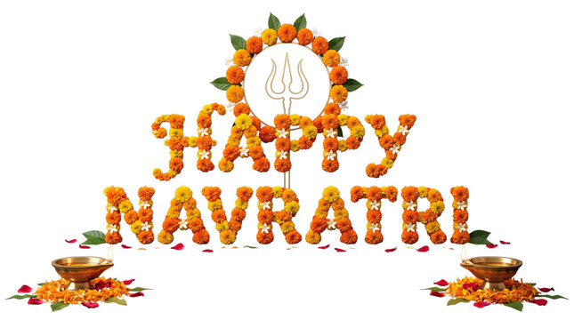 Happy navratri floral text with trishul and diya isolated on white isolated on transparent background