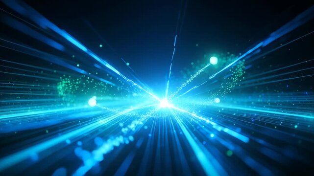 Emerging bright green orb moving to center in teal grid corridor spawning dotted trails into flare