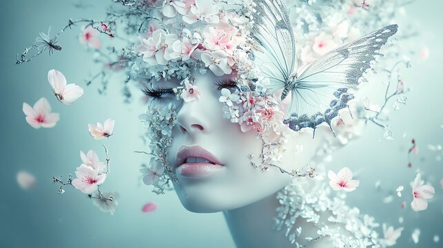 Floral and Fauna Fusion Art, a surreal portrait of a woman with half her face dissolving into delicate flower petals and butterfly wings, elegant mystery