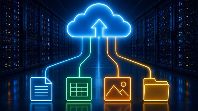 Cloud computing backup concept with glowing neon data streams transferring documents, spreadsheets, images and folders to the cloud