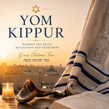 Yom Kippur religious observance with shofar candle and prayer book against Jerusalem skyline at sunset