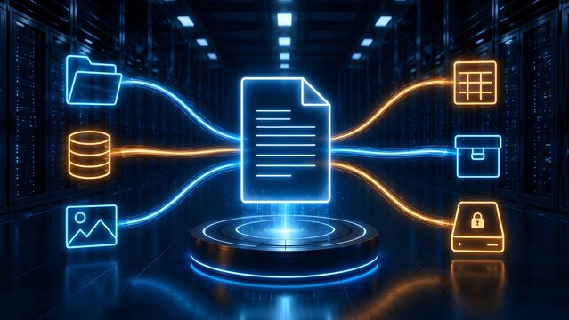 Centralized document management system with glowing digital file icon distributing data to folders, databases, images, spreadsheets, archives and secured storage