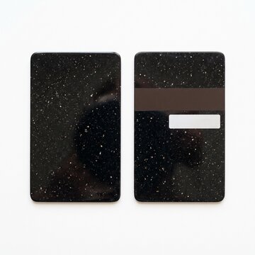 Black glitter credit card mockup, luxury galaxy texture debit card front and back, premium starry plastic bank card for financial branding