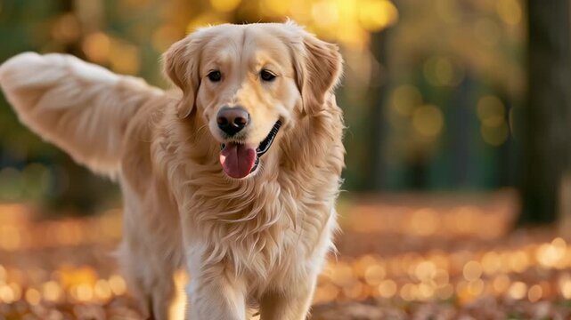 Golden Retriever Dog Walking On Autumn Leaves In Park, Happy And Playful