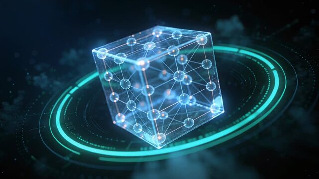 Activating teal HUD causing holographic cube rotating in dark void, nodes pulsing, visualizing data