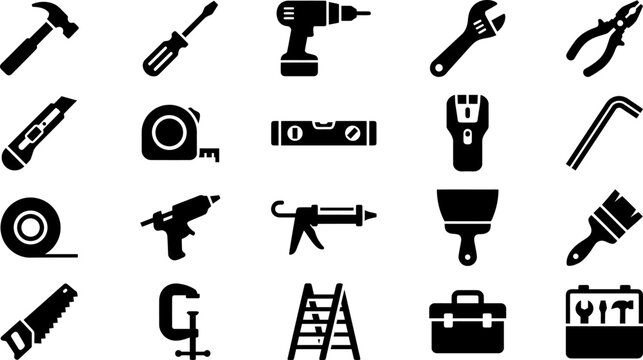 Black repair hand tools icons set with hammer screwdriver drill wrench and pliers pack.