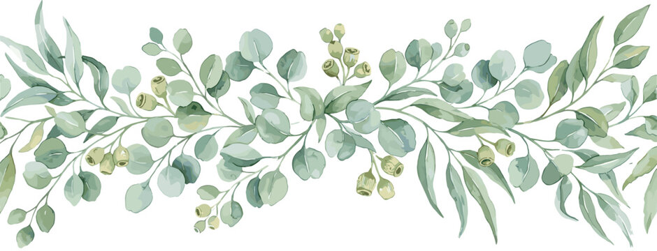 Watercolor eucalyptus garland border vector illustration with elegant green leaves and delicate foliage isolated on white background for luxury wedding stationery design