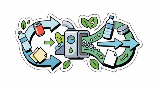 Recycling process illustration with arrows bottles can paper and machine