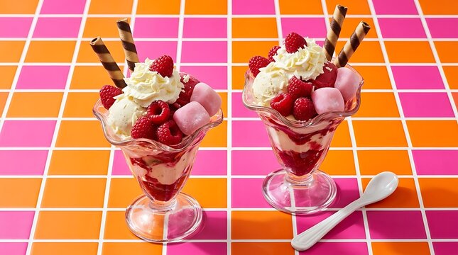 Two delicious raspberry sundaes on a bright grid background