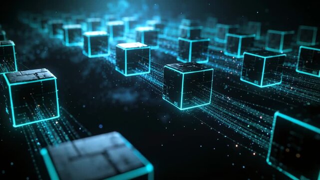 Gliding front cube moving along data net, pulsing light raising glow and pushing particle trails