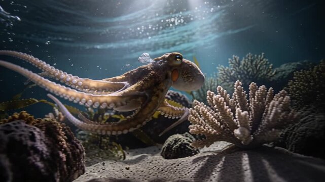 Gliding octopus navigating shallow reef seabed, probing coral and kelp while sensing prey