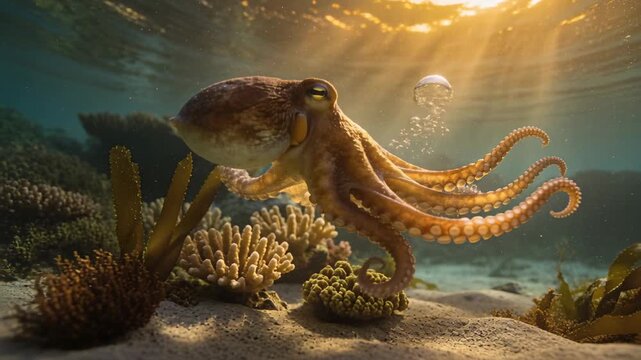 Scenting prey, brown octopus gliding across shallow sunlit reef, probing coral and foraging