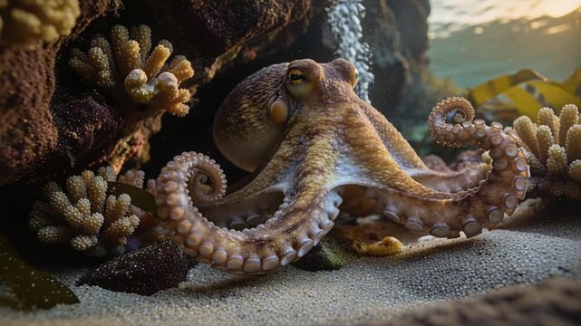Pumping mantle adult octopus curling arms and settling on sand near rock crevice kelp coral bubbles