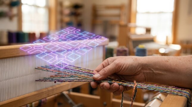 Person weaving colorful threads on a loom with digital pattern overlay in a workshop setting