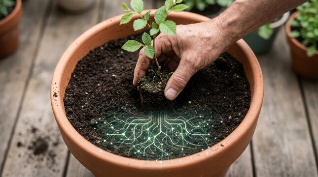 Person planting small green plant in terracotta pot with visible roots on wooden surface