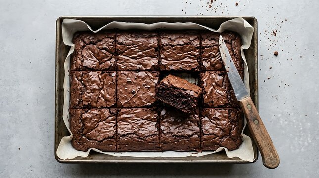 Freshly baked chocolate brownies in a baking pan