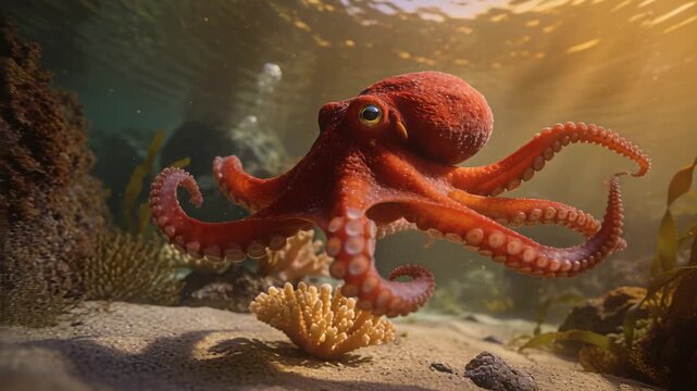 Responding to sunlight, orange octopus rotating and probing shallow seabed with suction cups, kelp