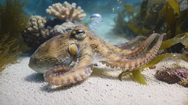 Responding to rising bubbles, octopus with raised mantle shifting on sandy seabed, probing kelp
