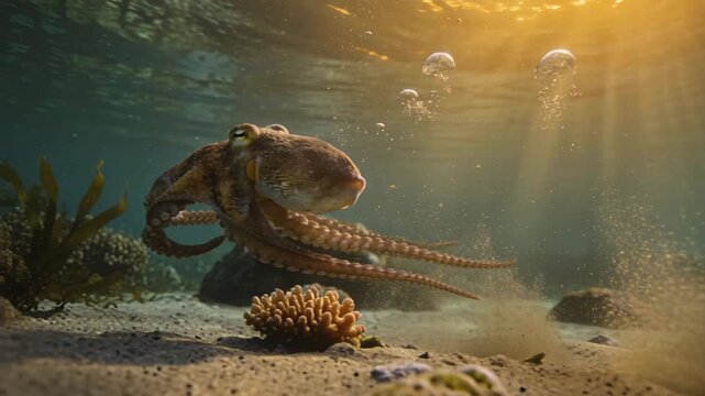Gliding octopus sensing prey, probing sunlit seabed, sweeping arms past kelp and corals
