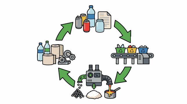 Recycling process illustration with items transforming through machinery