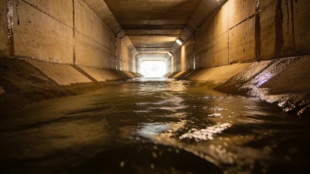 Flowing shallow water in concrete culvert draining toward bright outlet, reflecting overhead lights