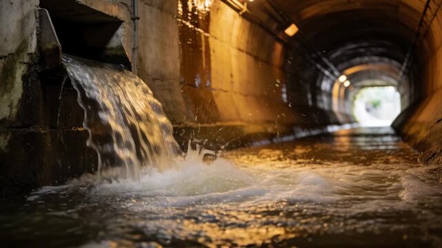 Pouring left-side outfall sending stormwater down concrete culvert, creating foam and ripples