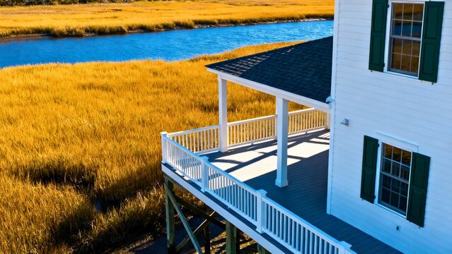 A raised coastal cottage in Georgia's Golden Isles, Tybee Island, with white clapboard siding, dark green shutters, harsh sun casting sharp shadows across a wraparound porch and marsh grass.